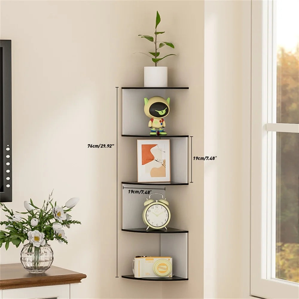 5-Tier Wall Mount Storage Rack Corner Shelf Display Organizer for Living Room - Black - 1