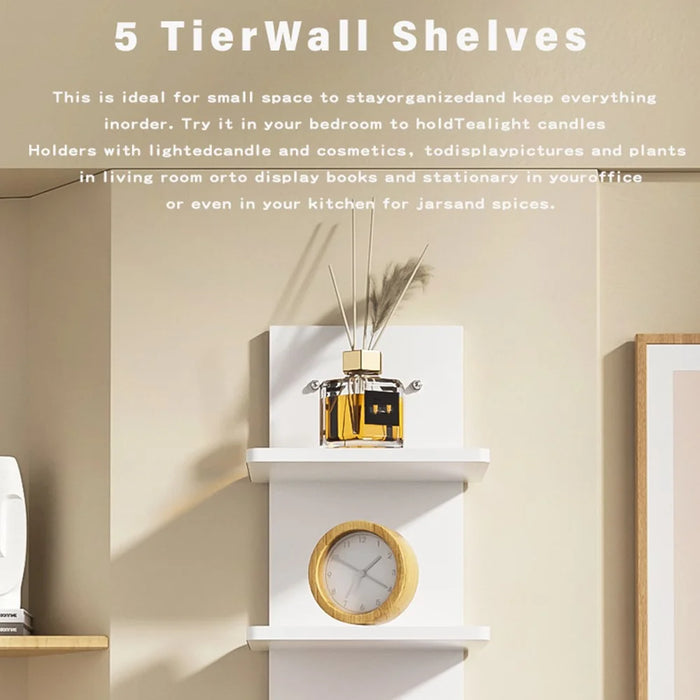 5-Tier Wall Mount Shelf Storage Rack Vertical Bookshelf Display Organizer for Home Decor - White - 2