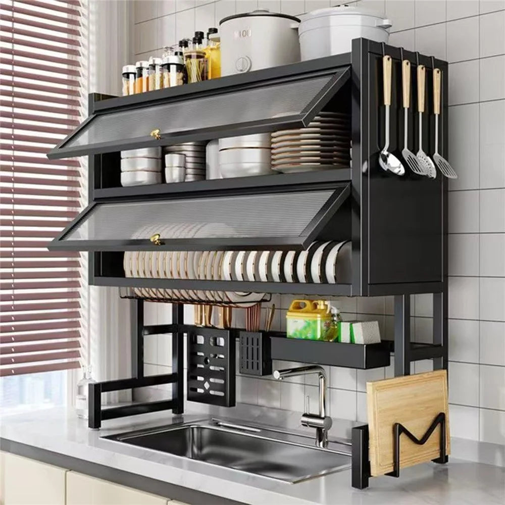 65CM Double Layer Over Sink Dish Drying Rack with Doors Kitchen Organizer Drainer Shelf - Black - 1