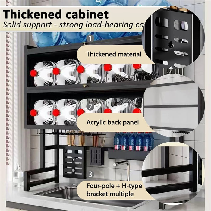 65CM Double Layer Over Sink Dish Drying Rack with Doors Kitchen Organizer Drainer Shelf - Black - 2