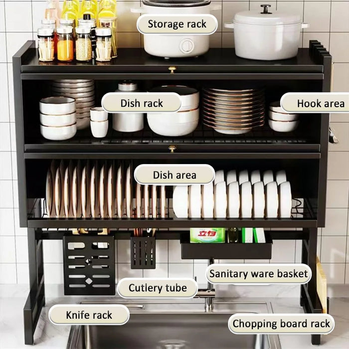 65CM Double Layer Over Sink Dish Drying Rack with Doors Kitchen Organizer Drainer Shelf - Black - 4