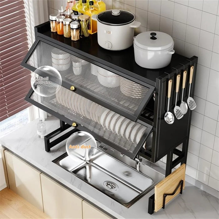 65CM Double Layer Over Sink Dish Drying Rack with Doors Kitchen Organizer Drainer Shelf - Black - 7
