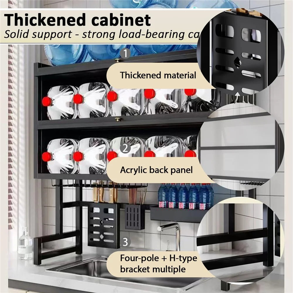 75CM Double Layer Over Sink Dish Drying Rack with Doors Kitchen Organizer Drainer Shelf - Black - 2
