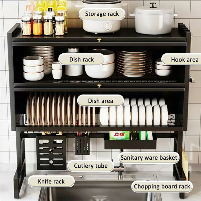 85CM Double Layer Over Sink Dish Drying Rack with Doors Kitchen Organizer Drainer Shelf - Black - 4