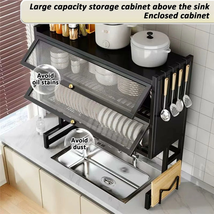85CM Double Layer Over Sink Dish Drying Rack with Doors Kitchen Organizer Drainer Shelf - Black - 5