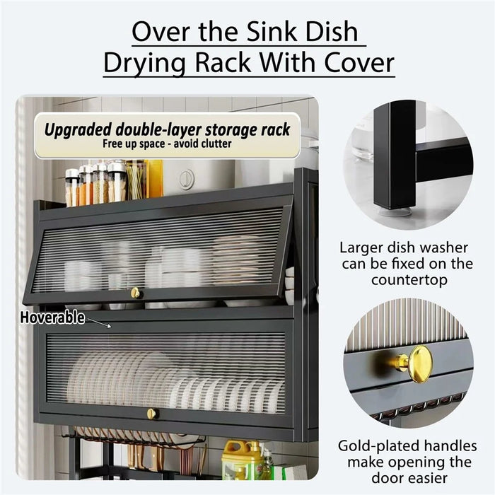 85CM Double Layer Over Sink Dish Drying Rack with Doors Kitchen Organizer Drainer Shelf - Black - 6