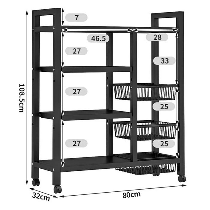80 x 32 x 108.5cm 4-Tier Storage Rack with 3 Basket Multi-Function Kitchen Shelf Wheeled Organizer - 7