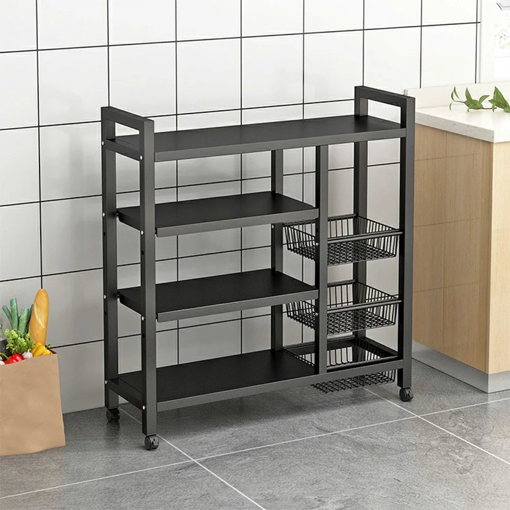 90 x 32 x 108.5cm 4-Tier Storage Rack with 3 Basket Multi-Function Kitchen Shelf Wheeled Organizer - 6