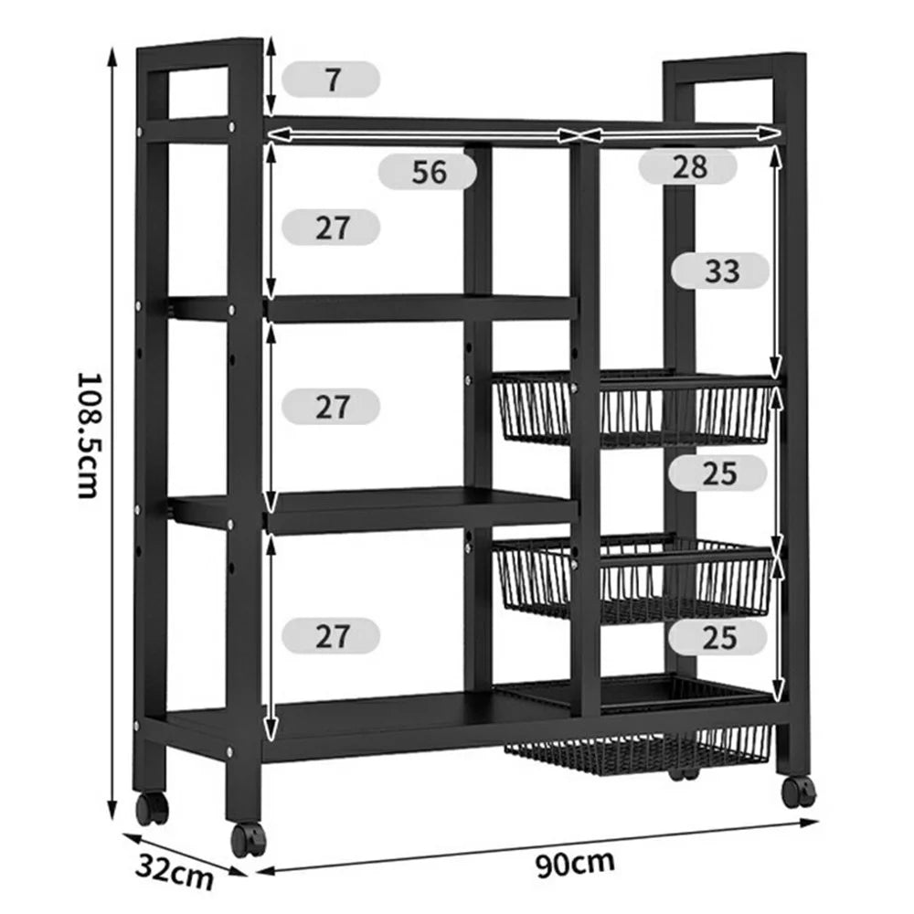 90 x 32 x 108.5cm 4-Tier Storage Rack with 3 Basket Multi-Function Kitchen Shelf Wheeled Organizer - 7