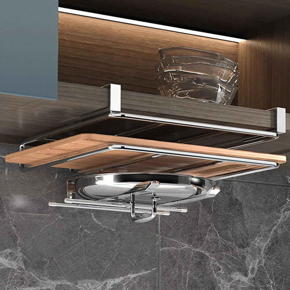 Stainless Steel Under Cabinet Organizer Rack No Drill Cutting Board Pot Lid Storage Holder for Kitchen - 1