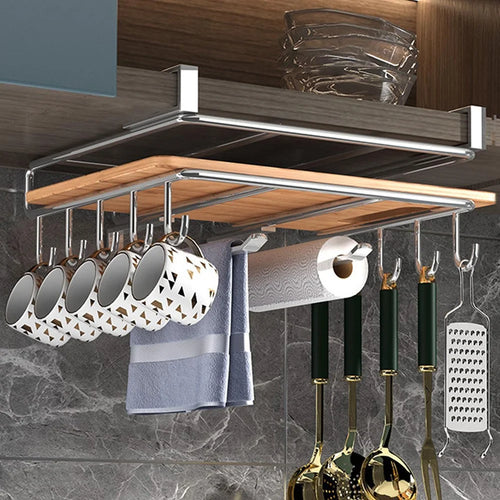 Stainless Steel Under Cabinet Organizer Rack Kitchen Storage Shelf with Hooks - 1