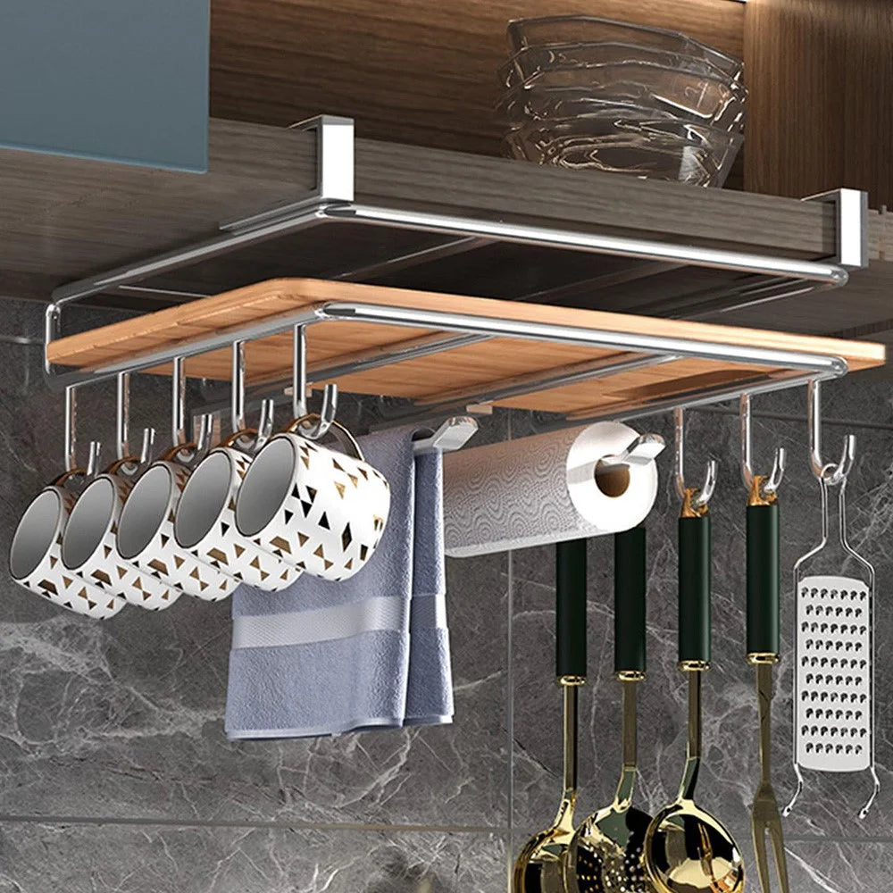Stainless Steel Under Cabinet Organizer Rack Kitchen Storage Shelf with Hooks - 1