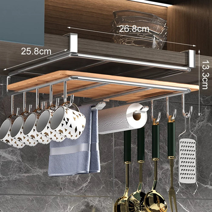 Stainless Steel Under Cabinet Organizer Rack Kitchen Storage Shelf with Hooks - 2