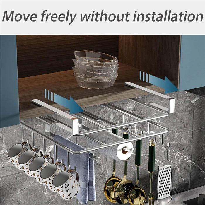Stainless Steel Under Cabinet Organizer Rack Kitchen Storage Shelf with Hooks - 3