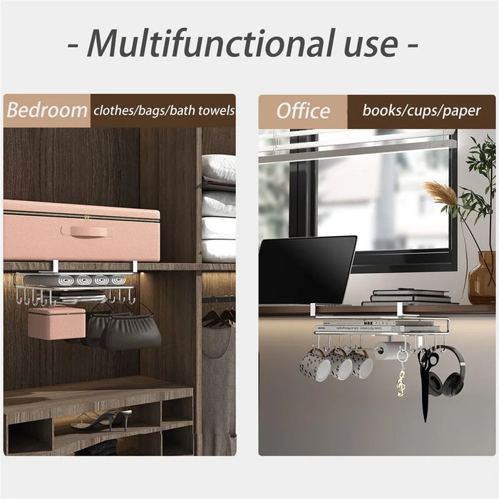 Stainless Steel Under Cabinet Organizer Rack Kitchen Storage Shelf with Hooks - 6