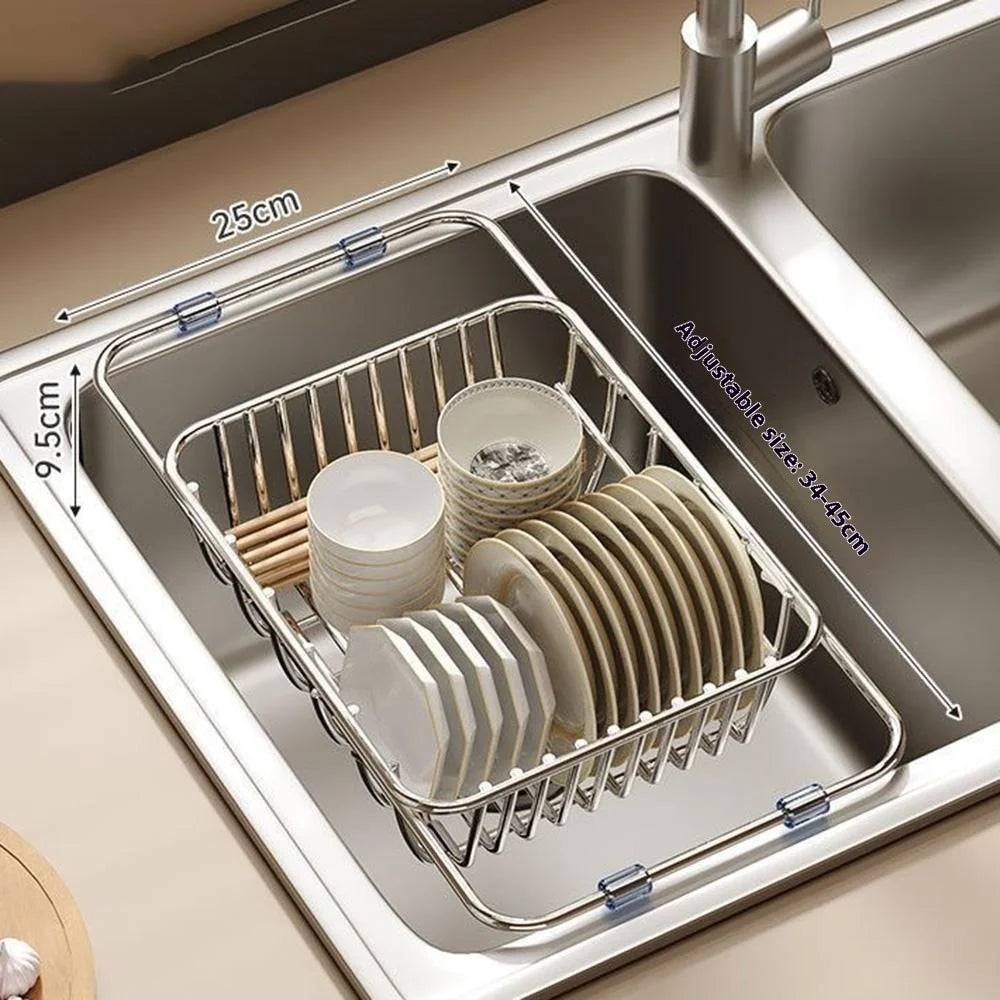 Kitchen Sink Dish Drying Rack 34-45cm Expandable Drainer Organizer with Anti Slip Silicone Pad - 1