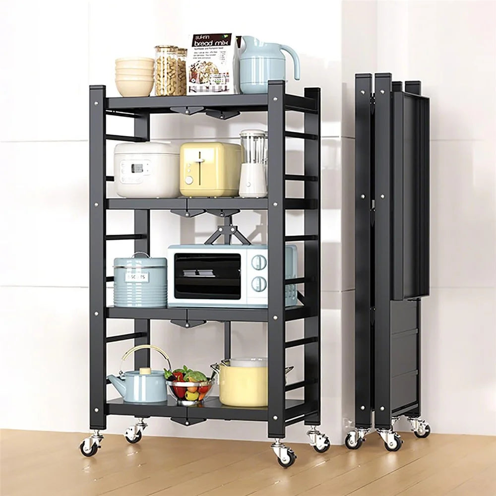 Folding Kitchen Storage Rack 4-Tier Microwave Stand Multi-Function Organizer Shelf - Black - 1