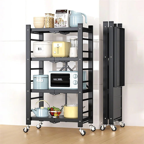 Folding Kitchen Storage Rack 4-Tier Microwave Stand Multi-Function Organizer Shelf - Black - 1