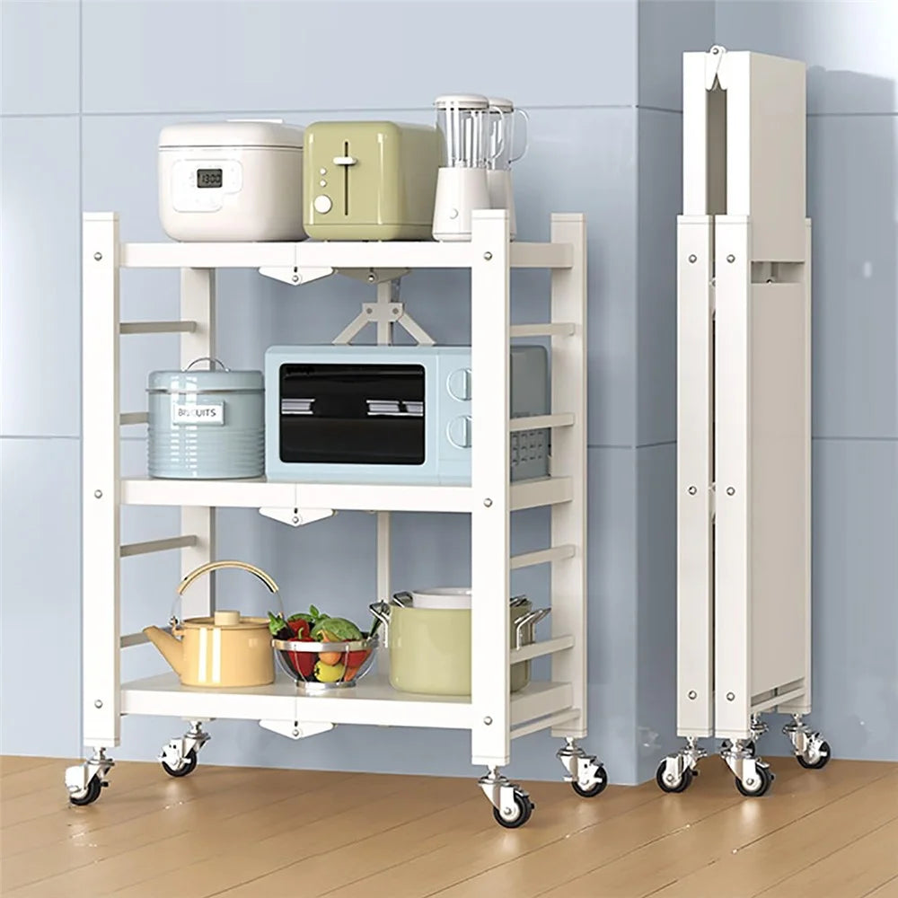 Folding Kitchen Storage Rack 3-Tier Microwave Stand Multi-Function Organizer Shelf - White - 1