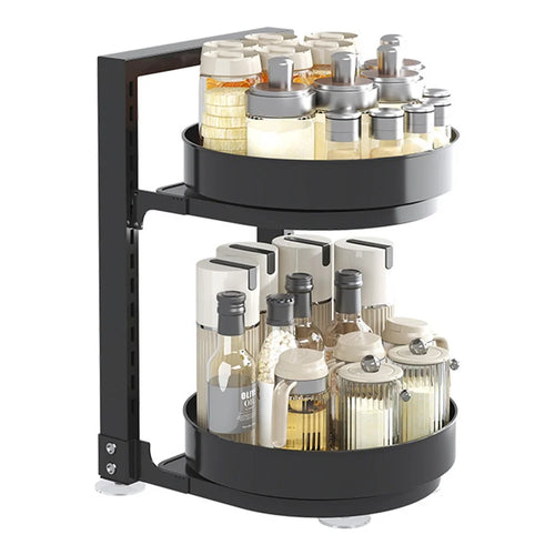 360-Degree Rotating 2-Tier Countertop Spice Rack Organizer Adjustable Kitchen Shelf - Black - 1