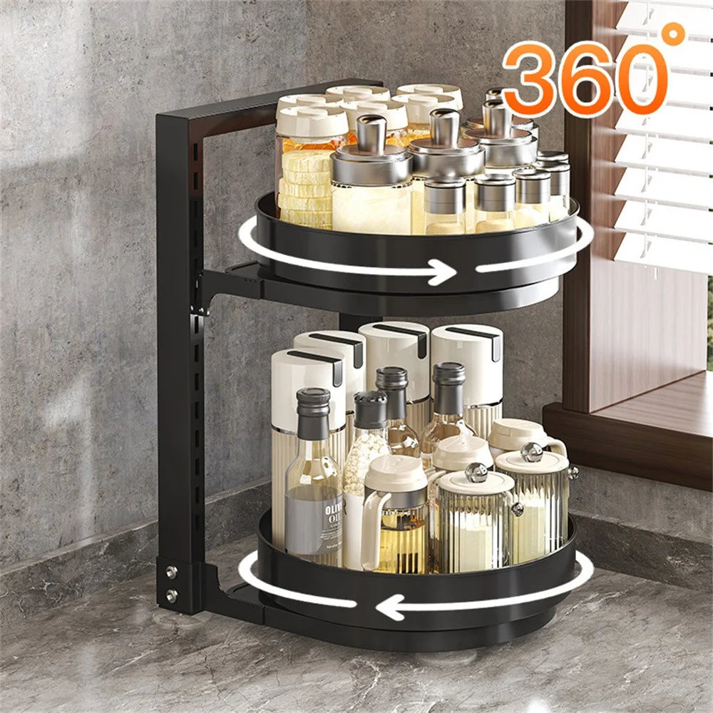 360-Degree Rotating 2-Tier Countertop Spice Rack Organizer Adjustable Kitchen Shelf - Black - 2