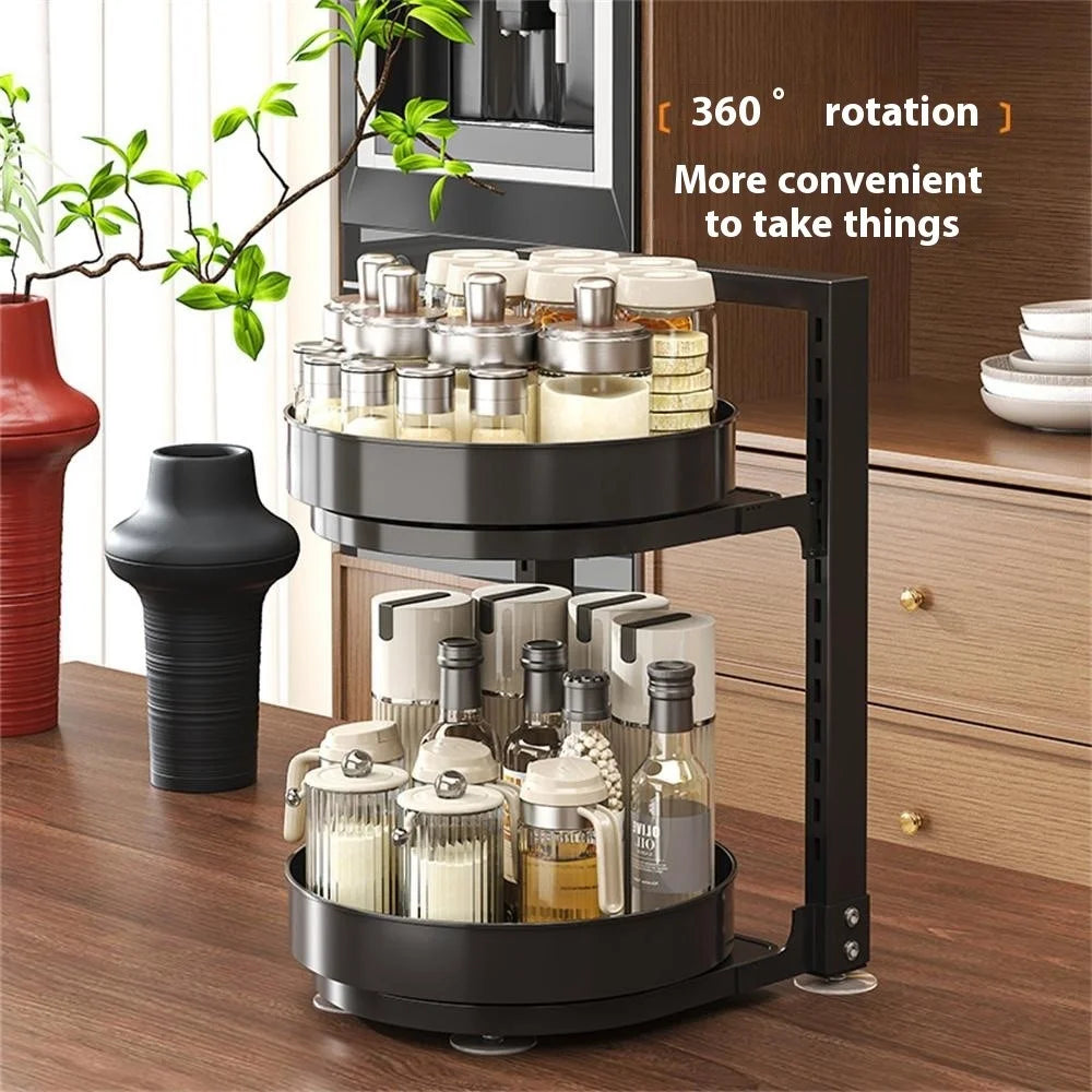 360-Degree Rotating 2-Tier Countertop Spice Rack Organizer Adjustable Kitchen Shelf - Black - 3