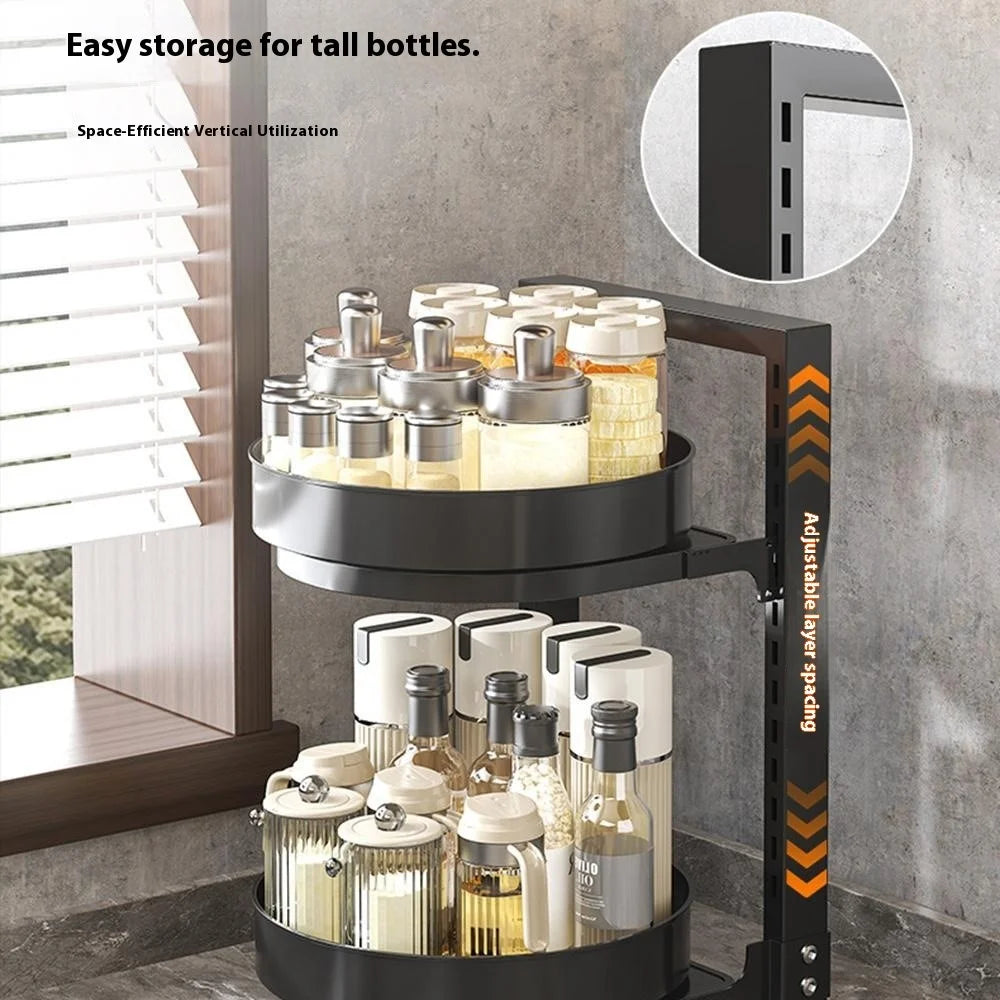 360-Degree Rotating 2-Tier Countertop Spice Rack Organizer Adjustable Kitchen Shelf - Black - 4