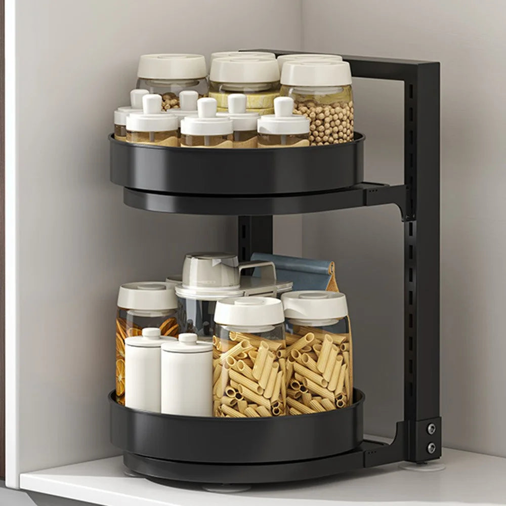 360-Degree Rotating 2-Tier Countertop Spice Rack Organizer Adjustable Kitchen Shelf - Black - 6