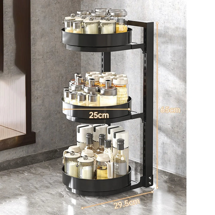360-Degree Rotating 3-Tier Countertop Spice Rack Organizer Adjustable Kitchen Shelf - Black - 1