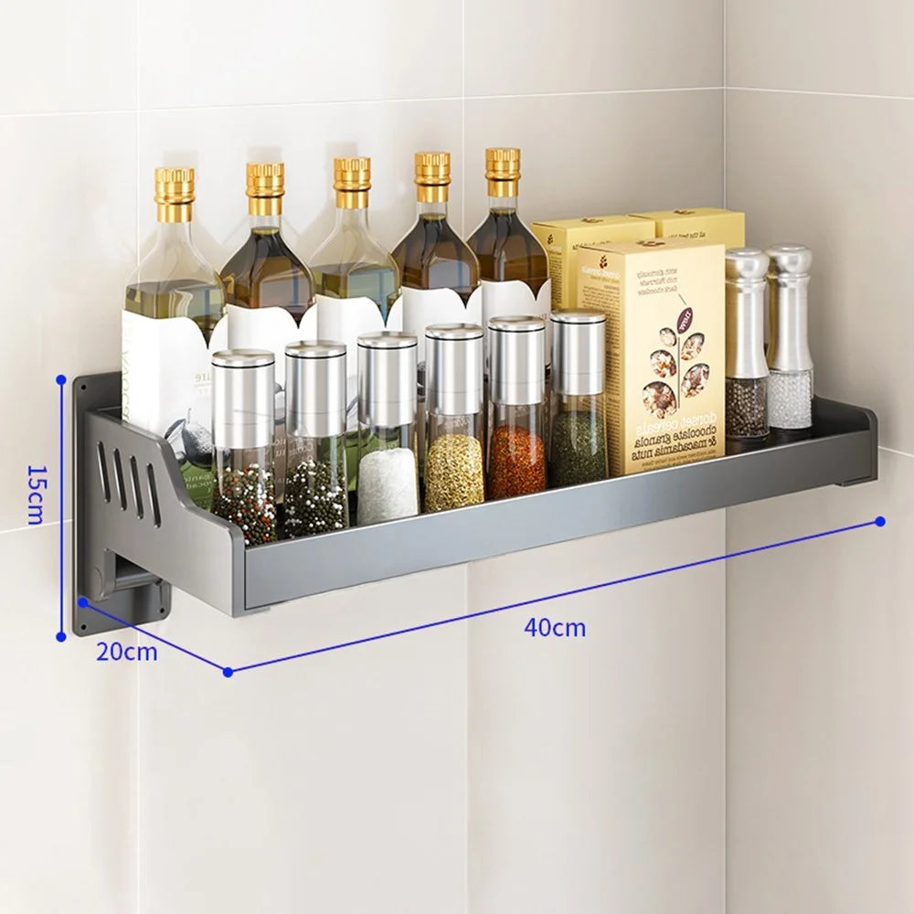 Spice Storage Holder 20x40cm Wall Mounted No Drill Kitchen Organizer Display Rack - 1