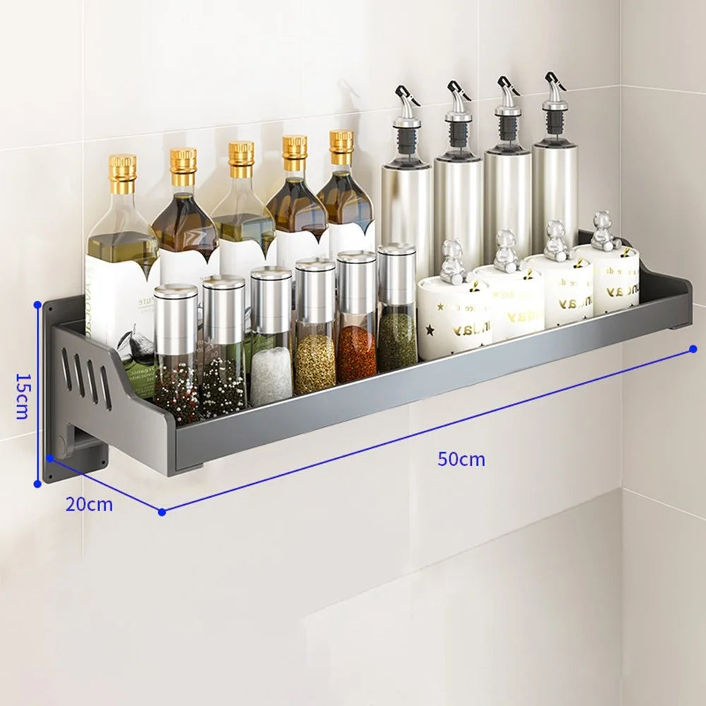 Spice Storage Holder 20x50cm Wall Mounted No Drill Kitchen Organizer Display Rack - 1
