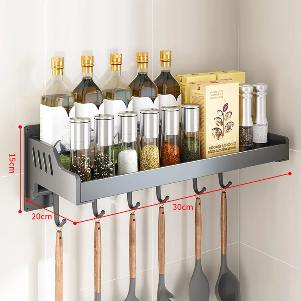 20x30cm Kitchen Storage Rack Wall Mounted Spice Organizer Holder with Hooks - 1