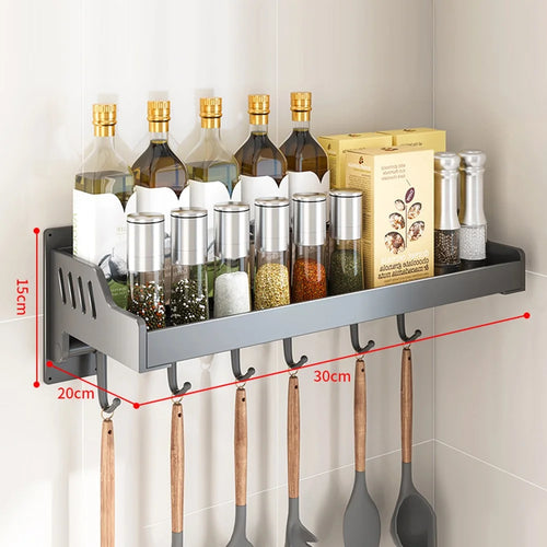 20x30cm Kitchen Storage Rack Wall Mounted Spice Organizer Holder with Hooks - 1