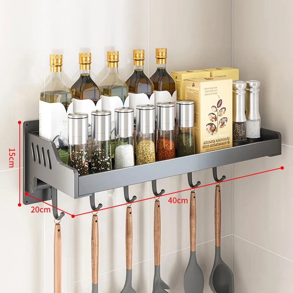 20x40cm Kitchen Storage Rack Wall Mounted Spice Organizer Holder with Hooks - 1