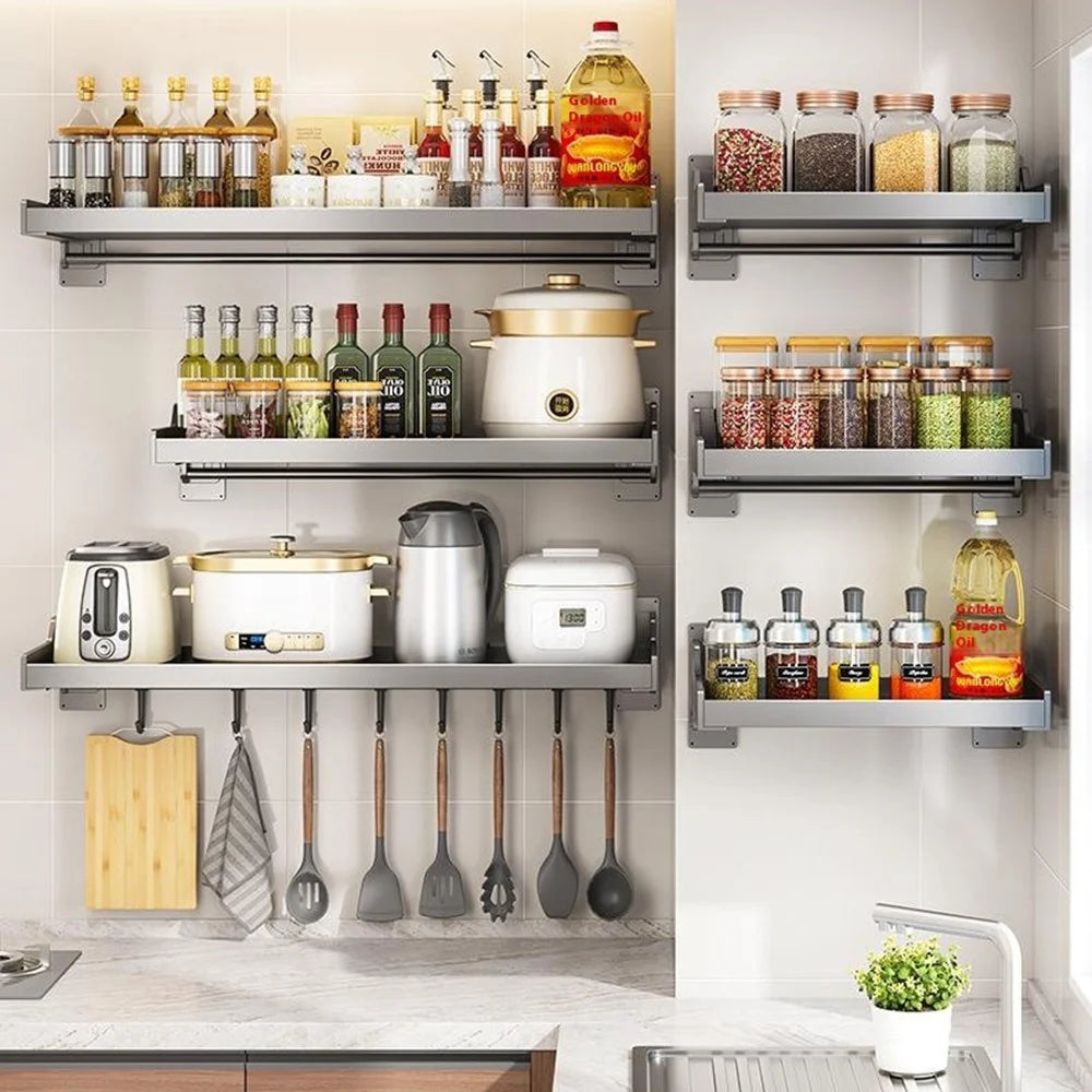 20x40cm Kitchen Storage Rack Wall Mounted Spice Organizer Holder with Hooks - 5
