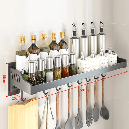 20x50cm Kitchen Storage Rack Wall Mounted Spice Organizer Holder with Hooks - 1