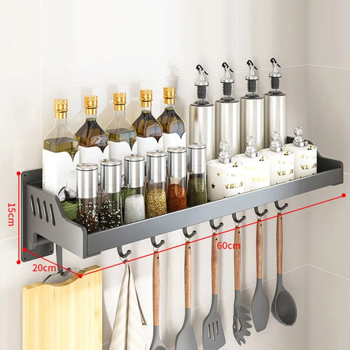20x60cm Kitchen Storage Rack Wall Mounted Spice Organizer Holder with Hooks - 1