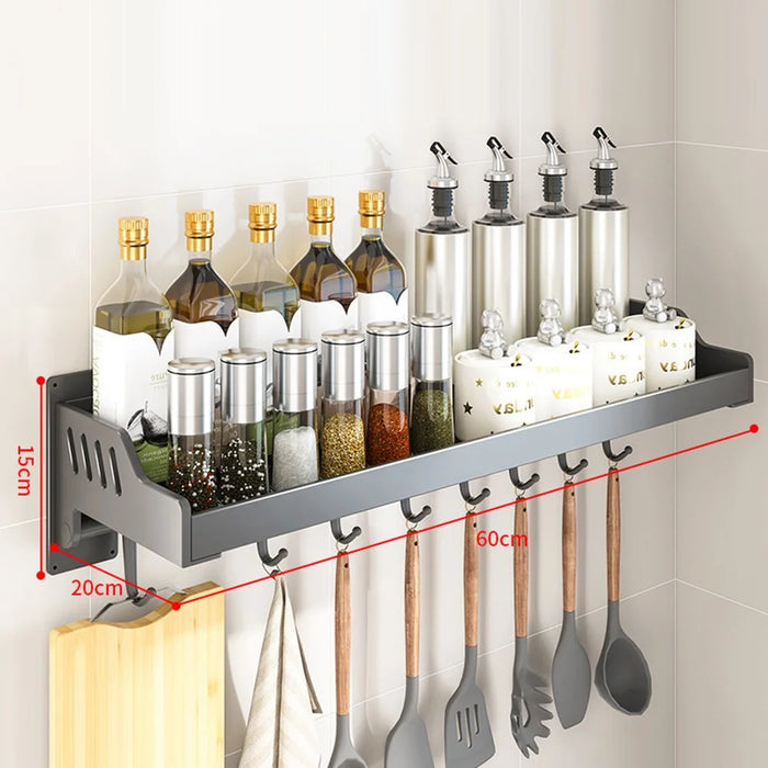 20x60cm Kitchen Storage Rack Wall Mounted Spice Organizer Holder with Hooks - 1