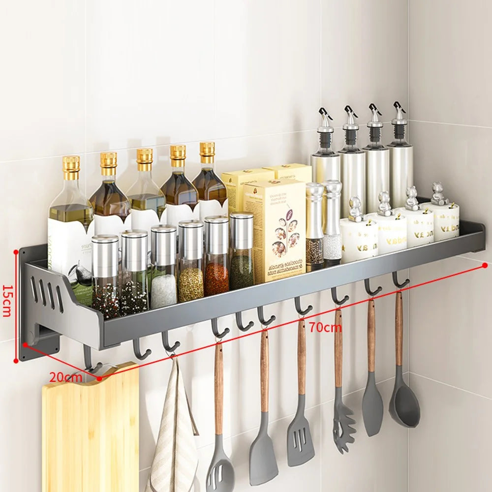 20x70cm Kitchen Storage Rack Wall Mounted Spice Organizer Holder with Hooks - 1