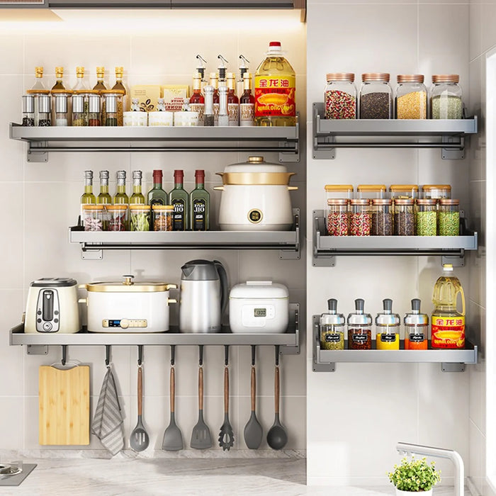 Spice Storage Holder 25x80cm Wall Mounted No Drill Kitchen Organizer Display Rack - 4