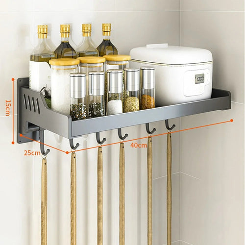 25x40cm Kitchen Storage Rack Wall Mounted Spice Organizer Holder with Hooks - 1