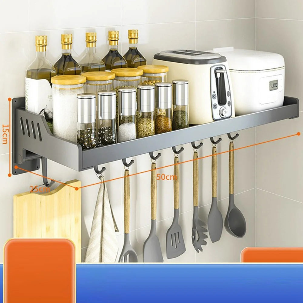 25x50cm Kitchen Storage Rack Wall Mounted Spice Organizer Holder with Hooks - 1