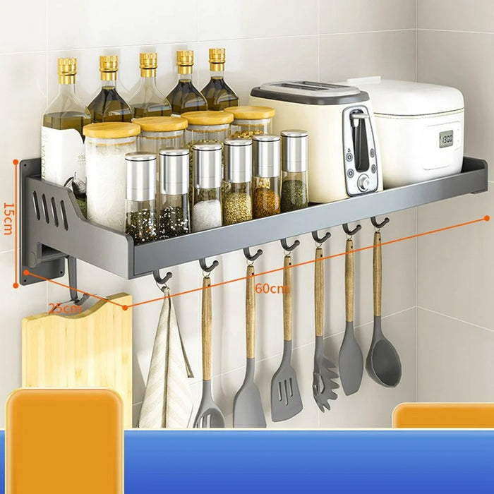 25x60cm Kitchen Storage Rack Wall Mounted Spice Organizer Holder with Hooks - 1