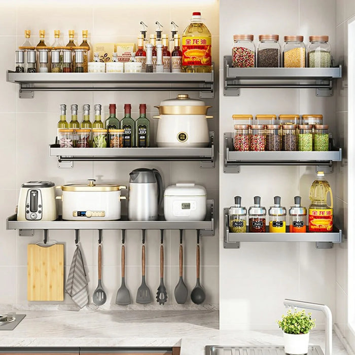 25x60cm Kitchen Storage Rack Wall Mounted Spice Organizer Holder with Hooks - 2
