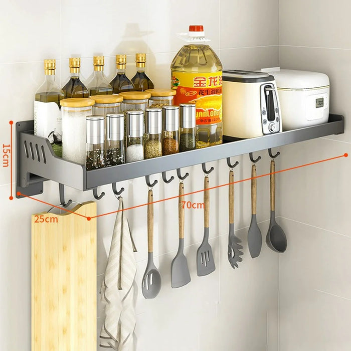25x70cm Kitchen Storage Rack Wall Mounted Spice Organizer Holder with Hooks - 1