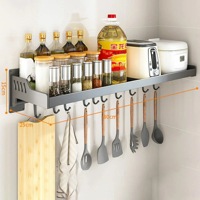 25x80cm Kitchen Storage Rack Wall Mounted Spice Organizer Holder with Hooks - 1