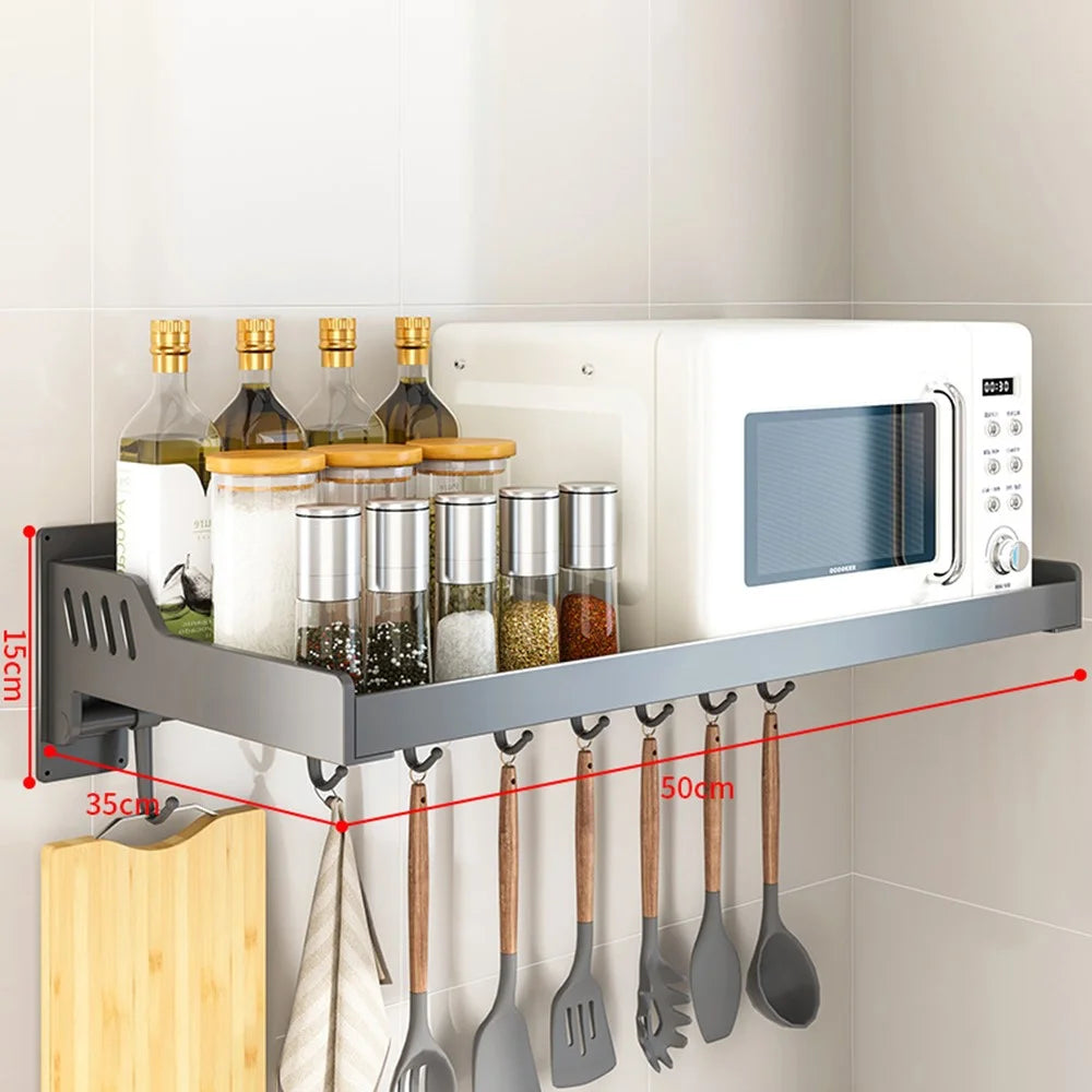 35x50cm Kitchen Storage Rack Wall Mounted Spice Organizer Holder with Hooks - 1