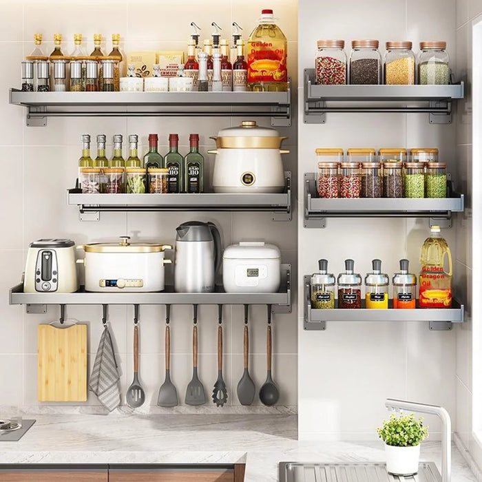 35x60cm Kitchen Storage Rack Wall Mounted Spice Organizer Holder with Hooks - 6