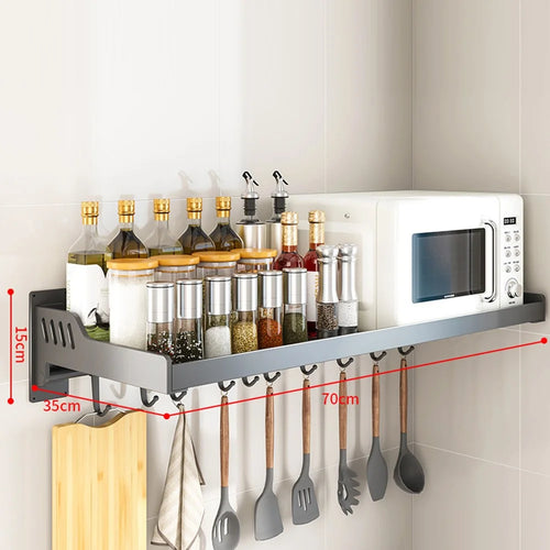 35x70cm Kitchen Storage Rack Wall Mounted Spice Organizer Holder with Hooks - 1