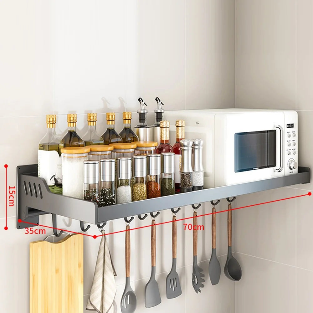 35x70cm Kitchen Storage Rack Wall Mounted Spice Organizer Holder with Hooks - 1
